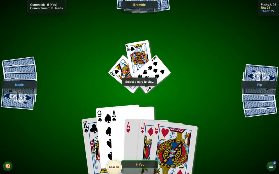 A Gnome Cards game on a tablet: the felt table, a fanned hand, and the play pile.